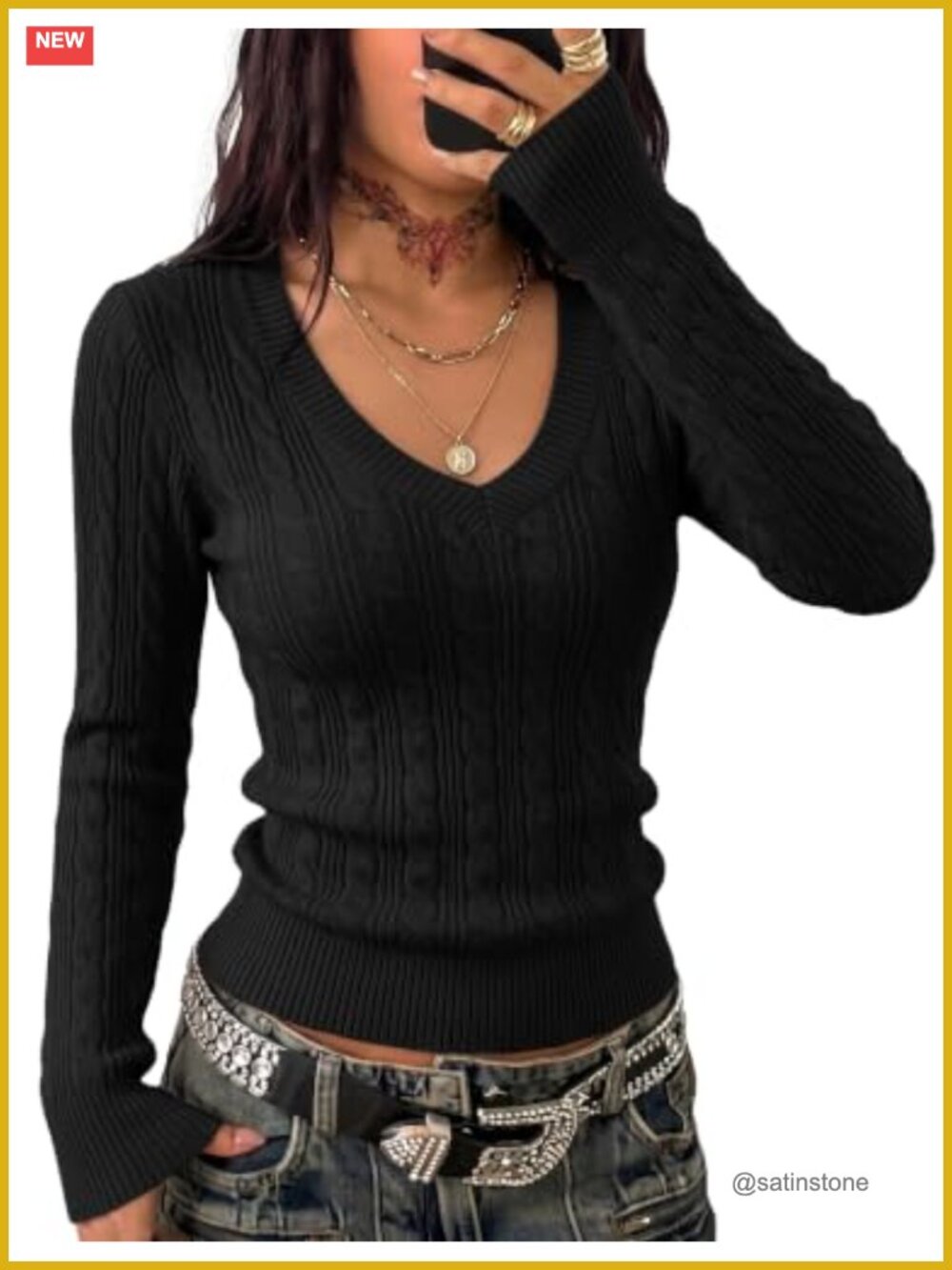Cable Knit V Neck Long Sleeve Slim Fit Pullover Sweater